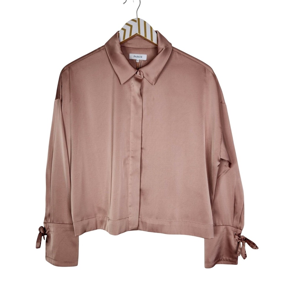 PARKER Shirt Womens XS Pink Satin Button Front Elastic Hem Blouse Long Sleeve